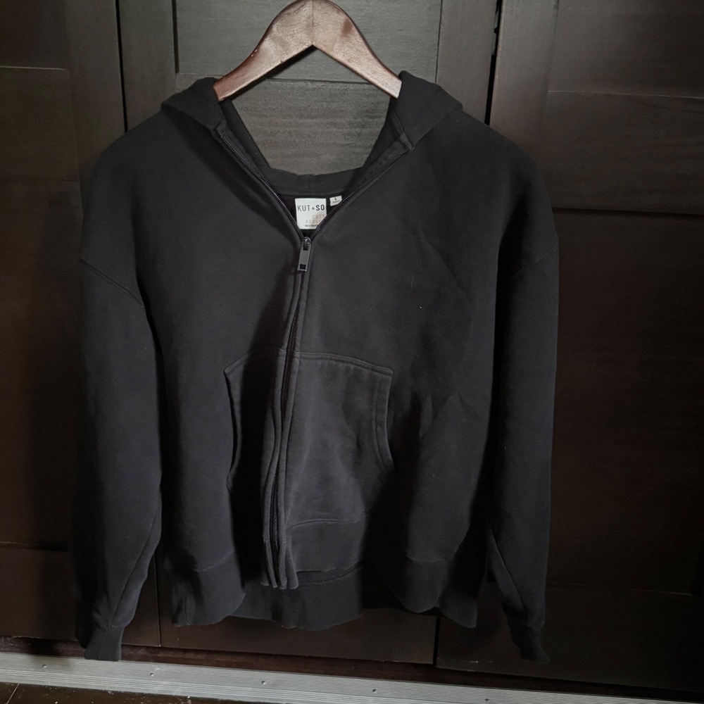 Kut & So Womens Black Zip Up Hoodie Cozy Fleece Boyfriend Fit L Good